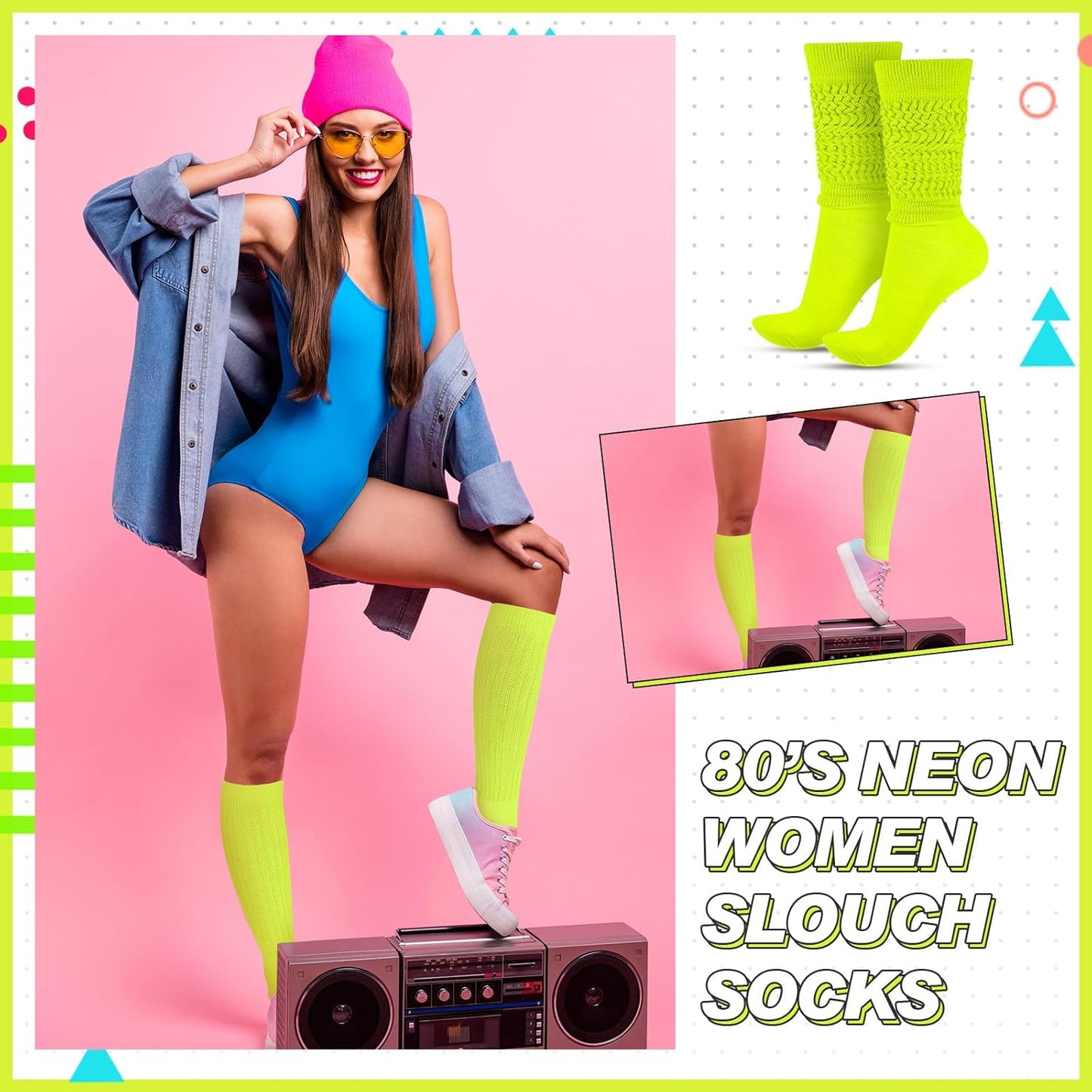 Geyoga Neon Slouch Socks,80s 90s Neon Women's Leg Warmers Extra Long Slouch Socks Soft Scrunch Knee High for Party