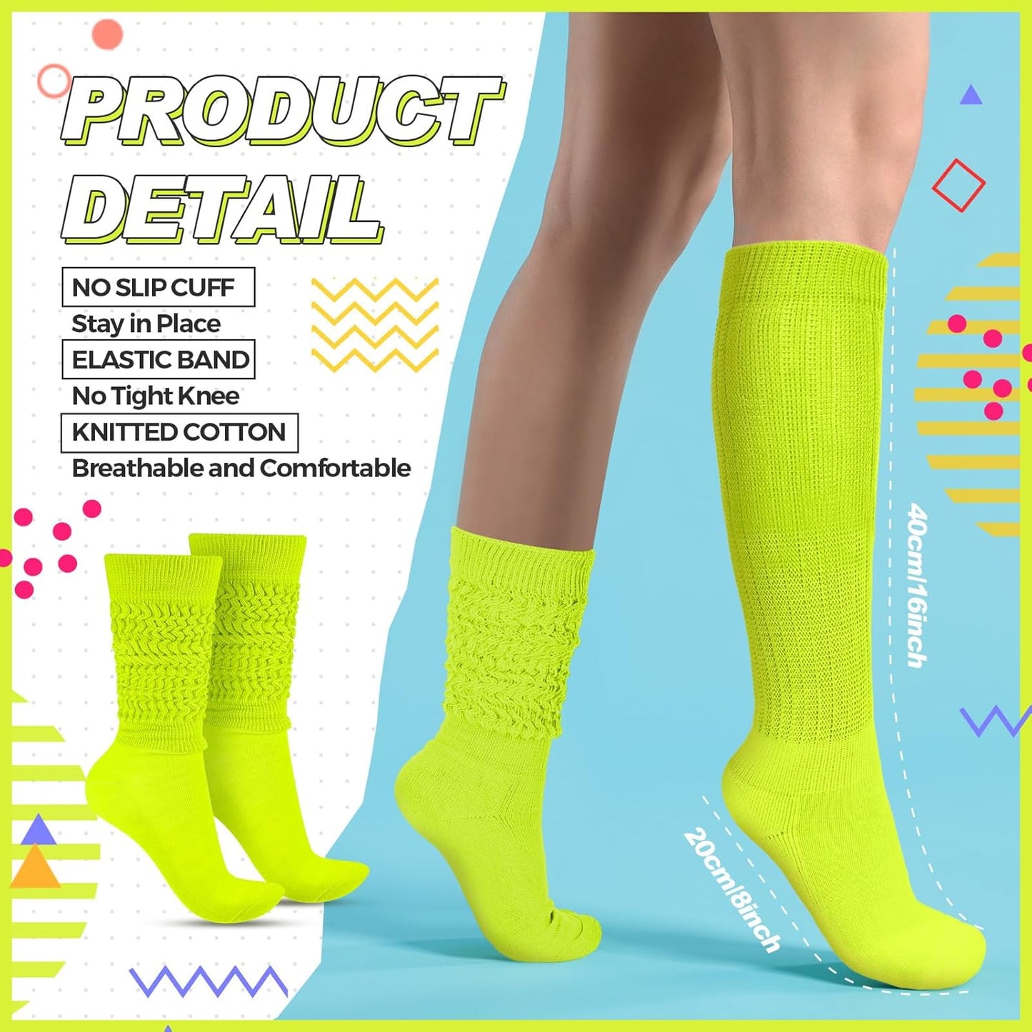 Geyoga Neon Slouch Socks,80s 90s Neon Women's Leg Warmers Extra Long Slouch Socks Soft Scrunch Knee High for Party