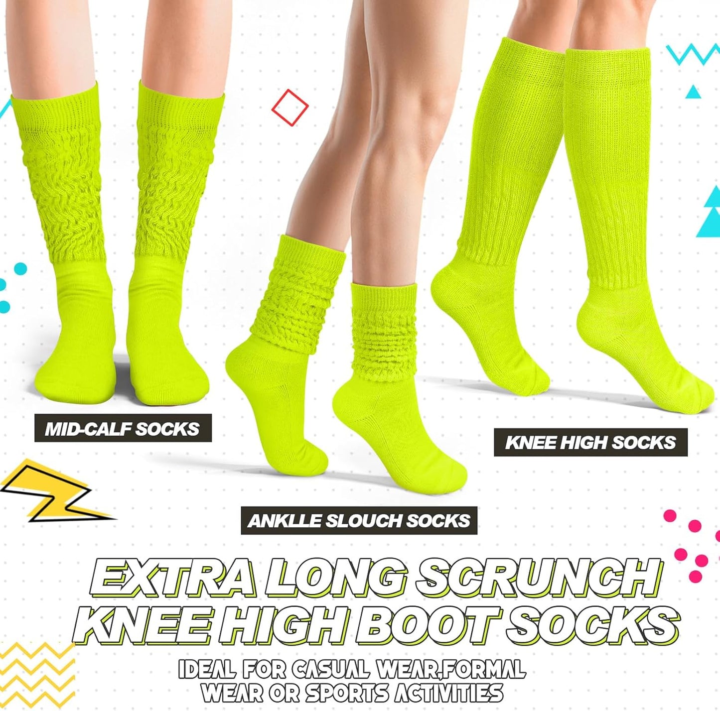 Geyoga Neon Slouch Socks,80s 90s Neon Women's Leg Warmers Extra Long Slouch Socks Soft Scrunch Knee High for Party