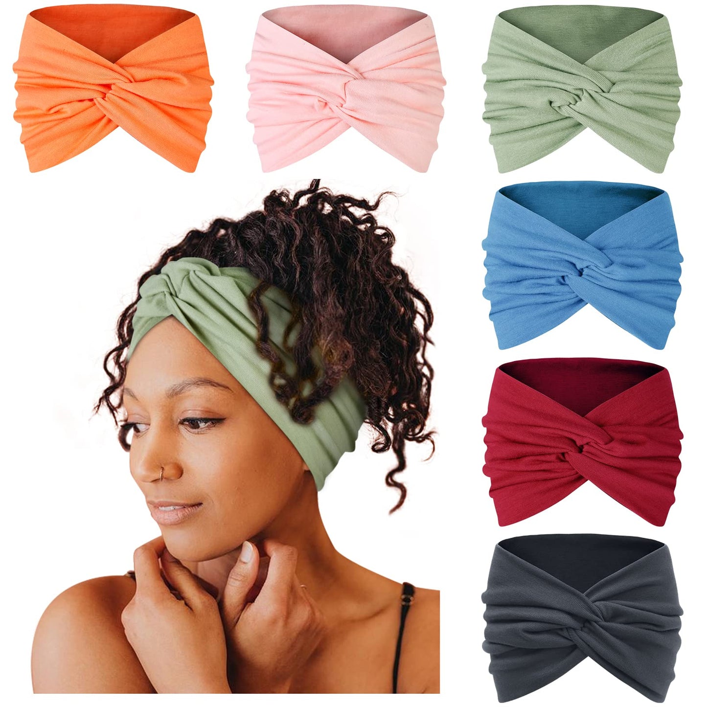 Tobeffect Extra Wide Turban Headbands for Women, 7'' Large Wide Headband for Nursing Cute Printed Nurse Head Bands Twisted Knotted Hairbands Non Slip Cloth Headbands for Women Hair Accessories 6 Pack