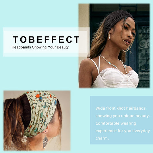 Tobeffect Extra Wide Turban Headbands for Women, 7'' Large Wide Headband for Nursing Cute Printed Nurse Head Bands Twisted Knotted Hairbands Non Slip Cloth Headbands for Women Hair Accessories 6 Pack