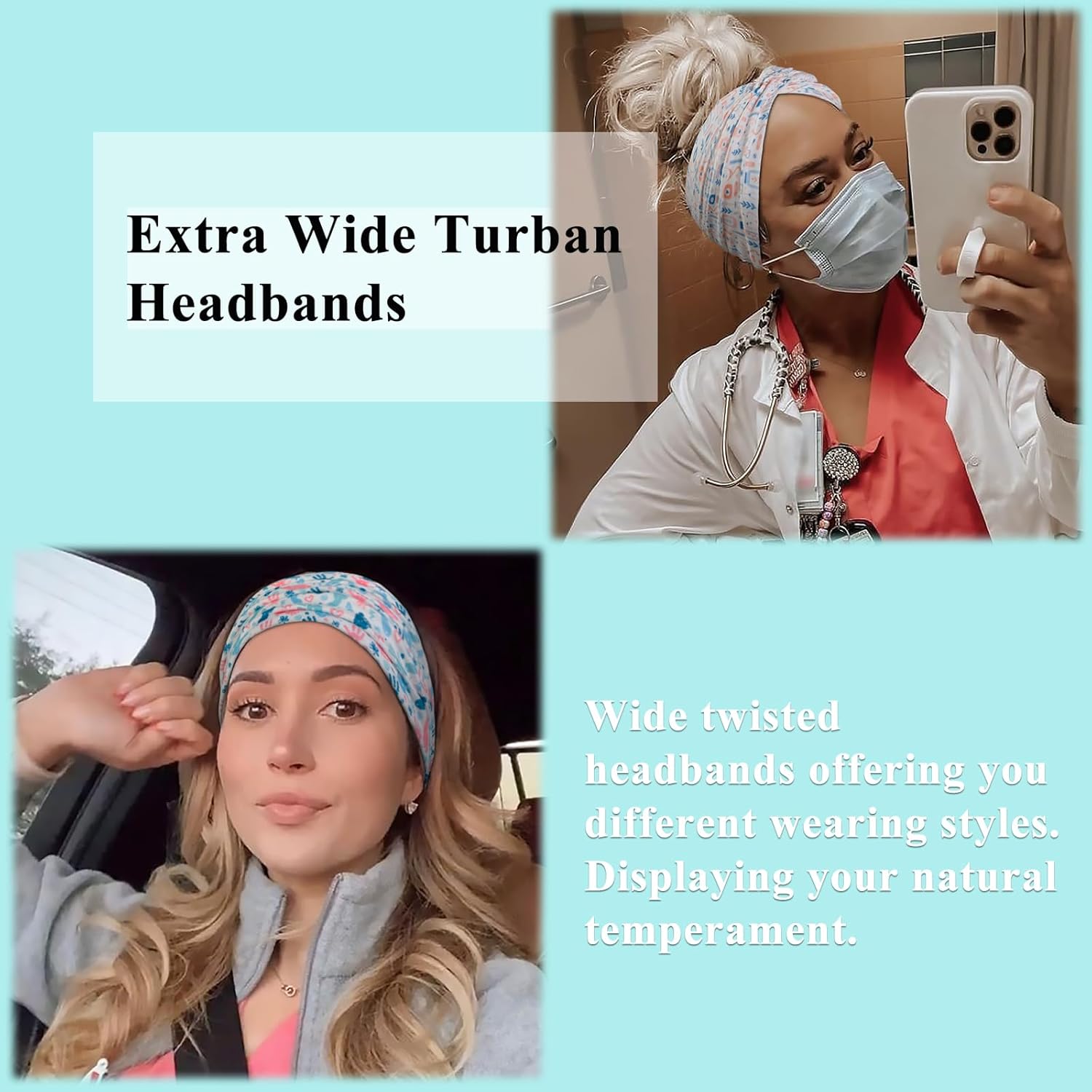Tobeffect Extra Wide Turban Headbands for Women, 7'' Large Wide Headband for Nursing Cute Printed Nurse Head Bands Twisted Knotted Hairbands Non Slip Cloth Headbands for Women Hair Accessories 6 Pack