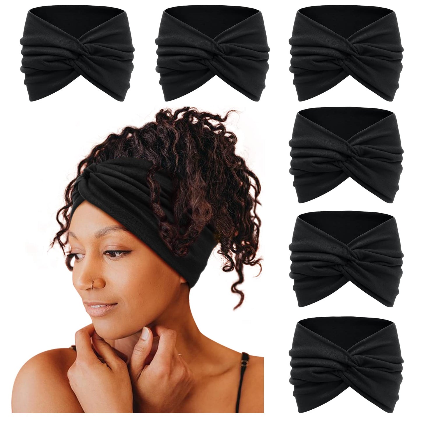 Tobeffect Extra Wide Turban Headbands for Women, 7'' Large Wide Headband for Nursing Cute Printed Nurse Head Bands Twisted Knotted Hairbands Non Slip Cloth Headbands for Women Hair Accessories 6 Pack