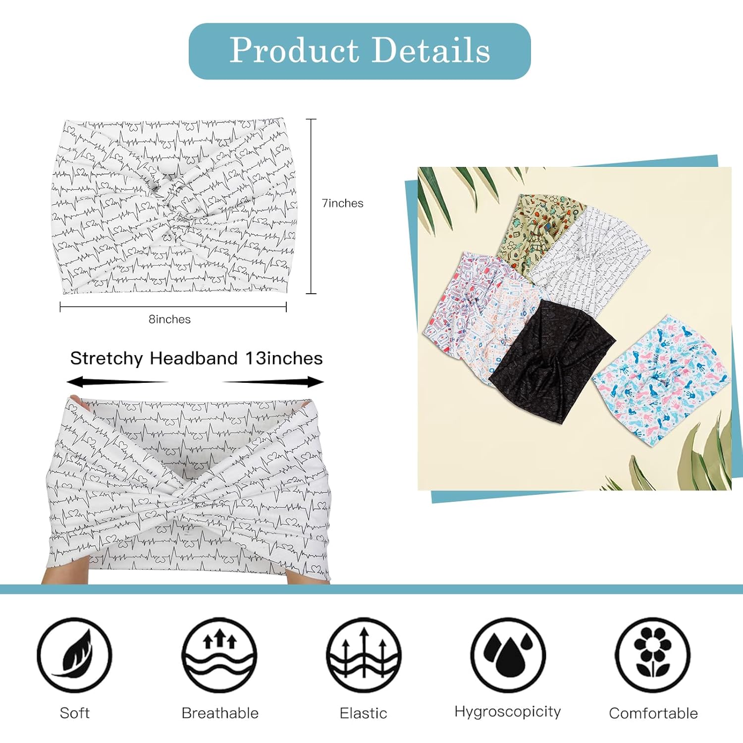 Tobeffect Extra Wide Turban Headbands for Women, 7'' Large Wide Headband for Nursing Cute Printed Nurse Head Bands Twisted Knotted Hairbands Non Slip Cloth Headbands for Women Hair Accessories 6 Pack