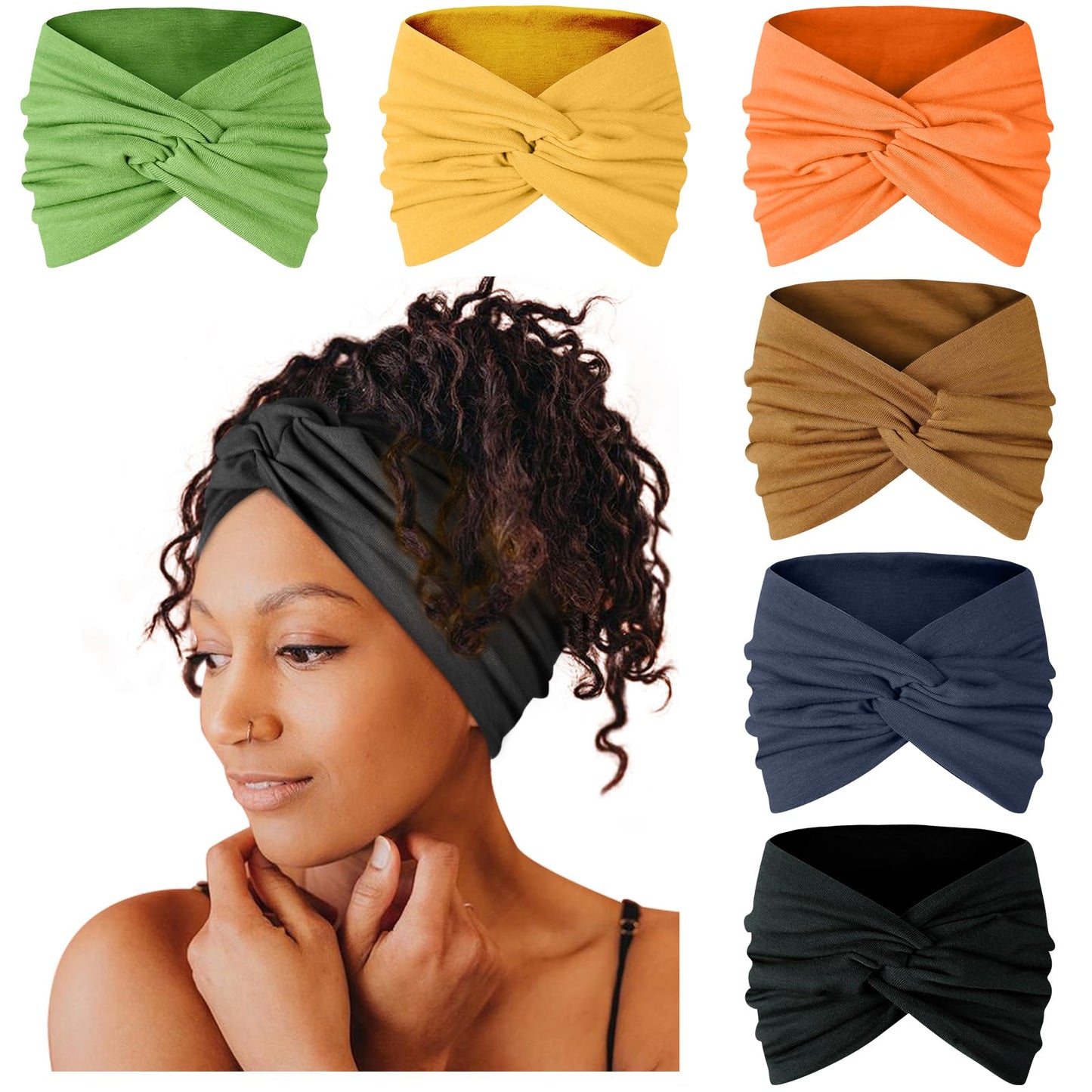 Tobeffect Extra Wide Turban Headbands for Women, 7'' Large Wide Headband for Nursing Cute Printed Nurse Head Bands Twisted Knotted Hairbands Non Slip Cloth Headbands for Women Hair Accessories 6 Pack