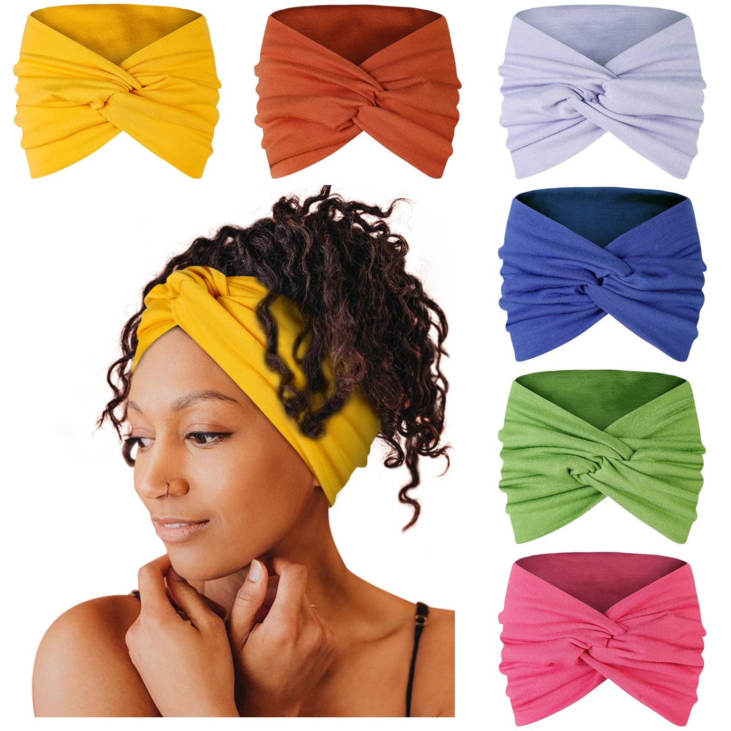 Tobeffect Extra Wide Turban Headbands for Women, 7'' Large Wide Headband for Nursing Cute Printed Nurse Head Bands Twisted Knotted Hairbands Non Slip Cloth Headbands for Women Hair Accessories 6 Pack