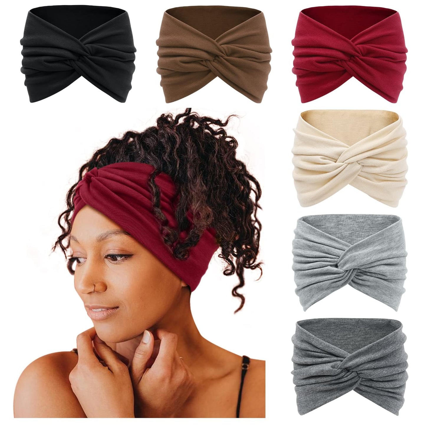 Tobeffect Extra Wide Turban Headbands for Women, 7'' Large Wide Headband for Nursing Cute Printed Nurse Head Bands Twisted Knotted Hairbands Non Slip Cloth Headbands for Women Hair Accessories 6 Pack