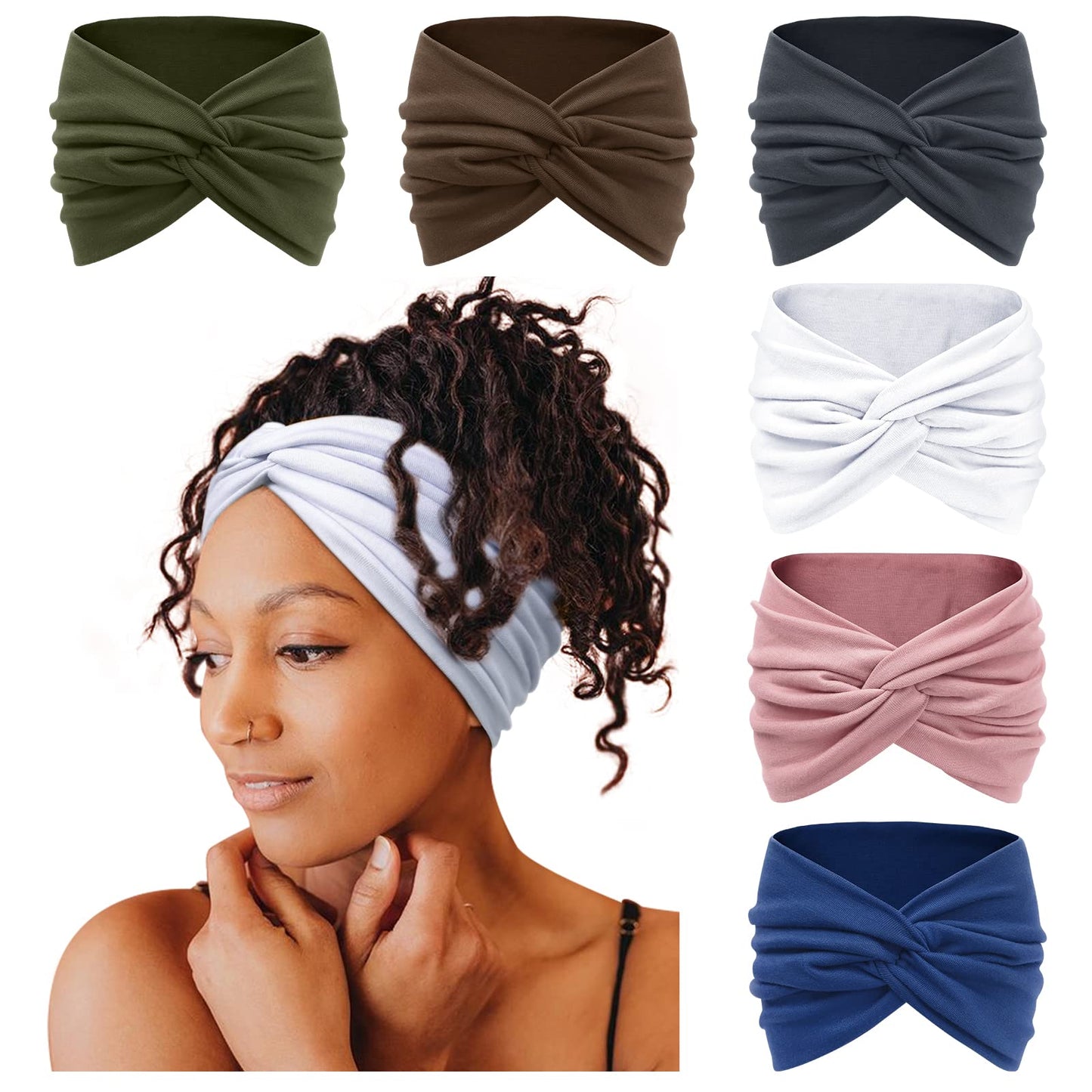 Tobeffect Extra Wide Turban Headbands for Women, 7'' Large Wide Headband for Nursing Cute Printed Nurse Head Bands Twisted Knotted Hairbands Non Slip Cloth Headbands for Women Hair Accessories 6 Pack