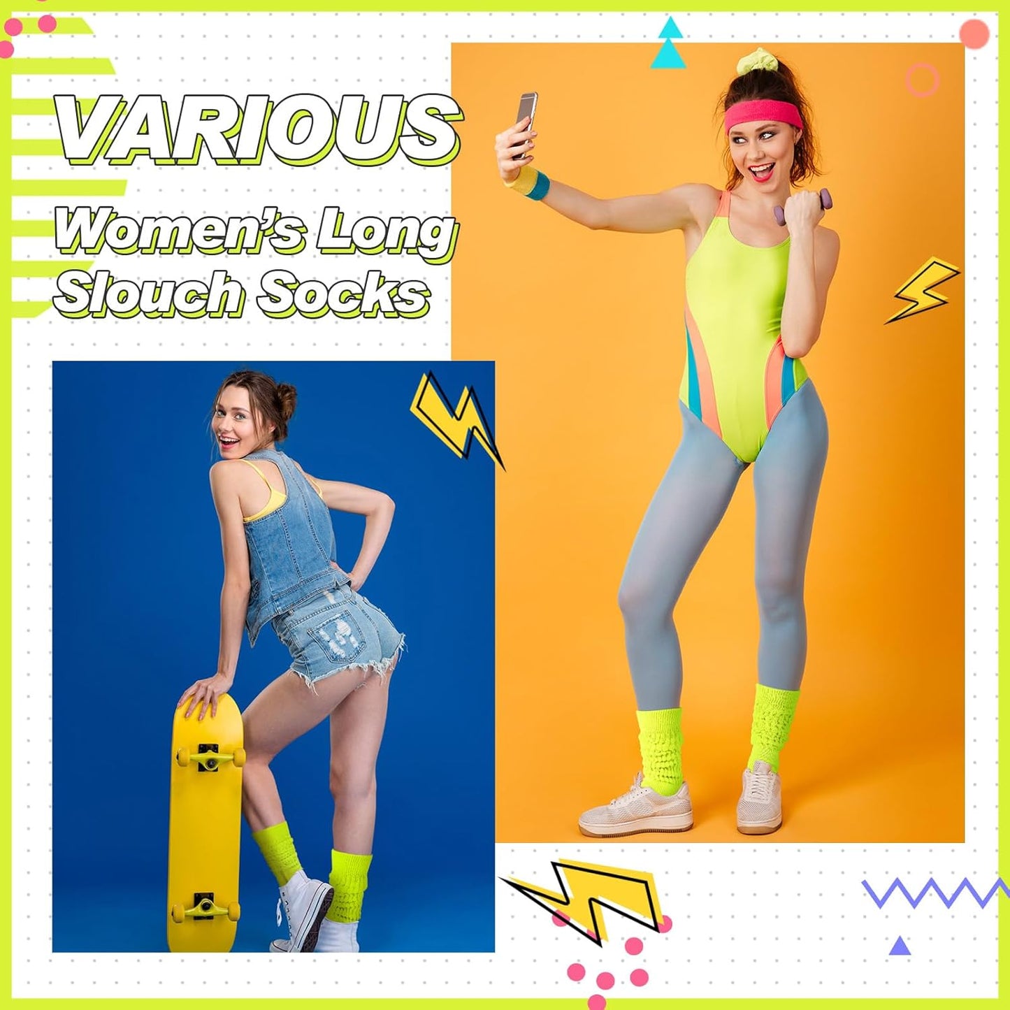 Geyoga Neon Slouch Socks,80s 90s Neon Women's Leg Warmers Extra Long Slouch Socks Soft Scrunch Knee High for Party