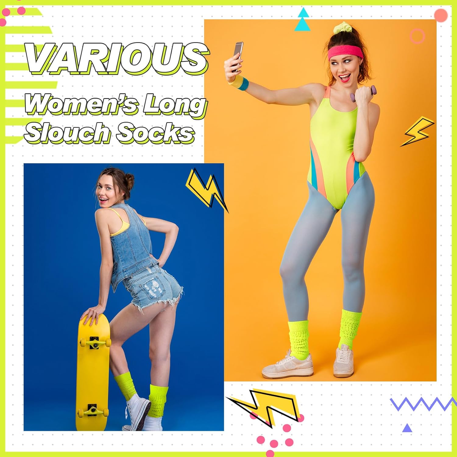 Geyoga Neon Slouch Socks,80s 90s Neon Women's Leg Warmers Extra Long Slouch Socks Soft Scrunch Knee High for Party