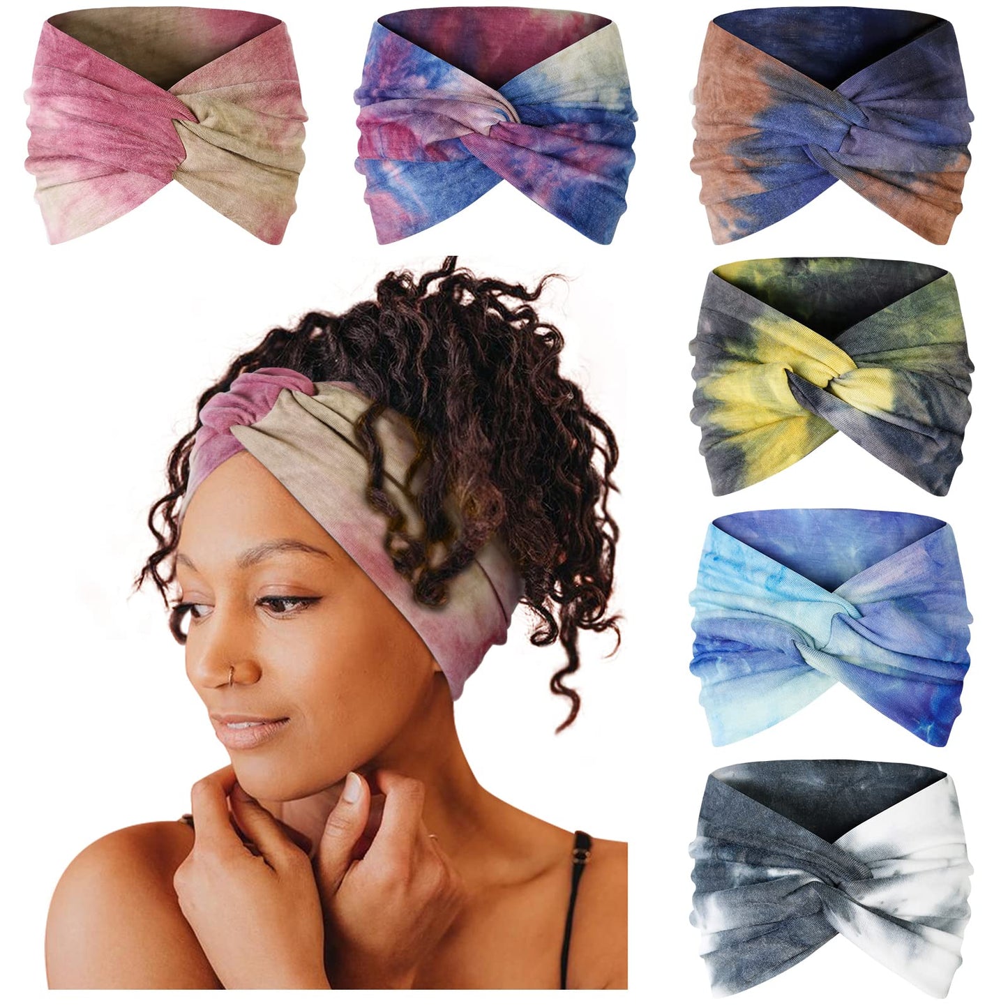 Tobeffect Extra Wide Turban Headbands for Women, 7'' Large Wide Headband for Nursing Cute Printed Nurse Head Bands Twisted Knotted Hairbands Non Slip Cloth Headbands for Women Hair Accessories 6 Pack