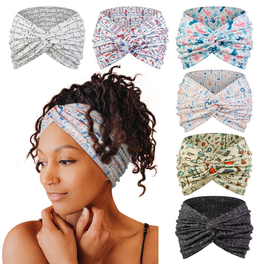 Tobeffect Extra Wide Turban Headbands for Women, 7'' Large Wide Headband for Nursing Cute Printed Nurse Head Bands Twisted Knotted Hairbands Non Slip Cloth Headbands for Women Hair Accessories 6 Pack