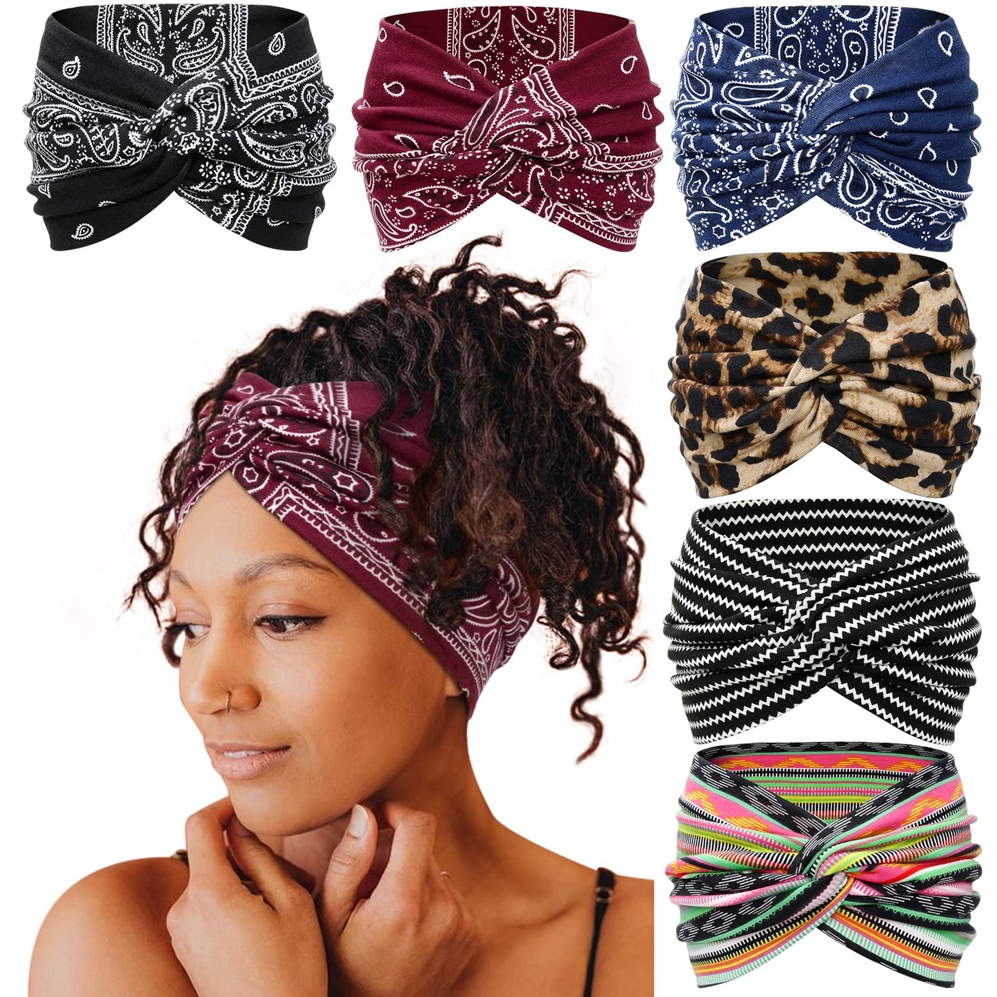 Tobeffect Extra Wide Turban Headbands for Women, 7'' Large Wide Headband for Nursing Cute Printed Nurse Head Bands Twisted Knotted Hairbands Non Slip Cloth Headbands for Women Hair Accessories 6 Pack