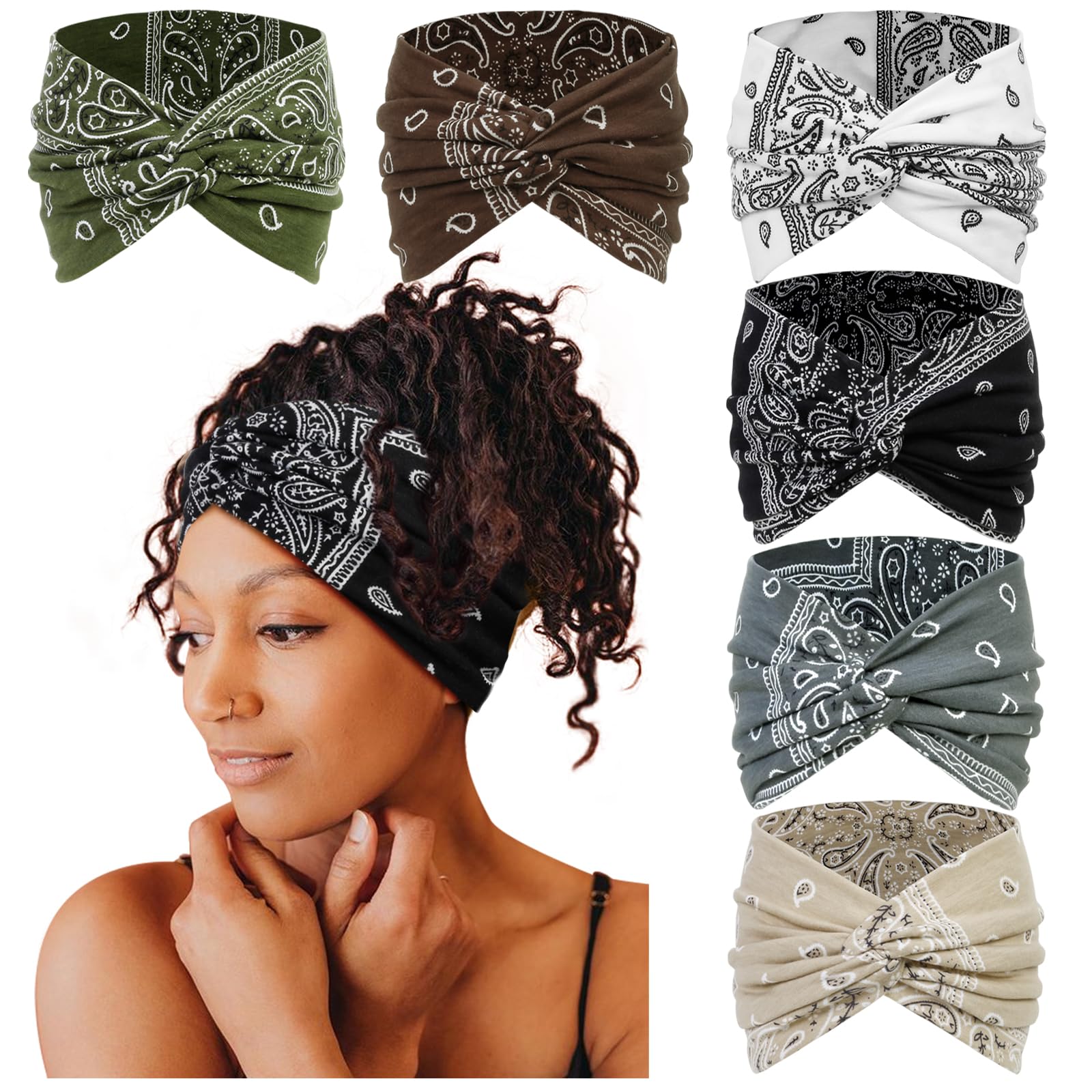 Tobeffect Extra Wide Turban Headbands for Women, 7'' Large Wide Headband for Nursing Cute Printed Nurse Head Bands Twisted Knotted Hairbands Non Slip Cloth Headbands for Women Hair Accessories 6 Pack