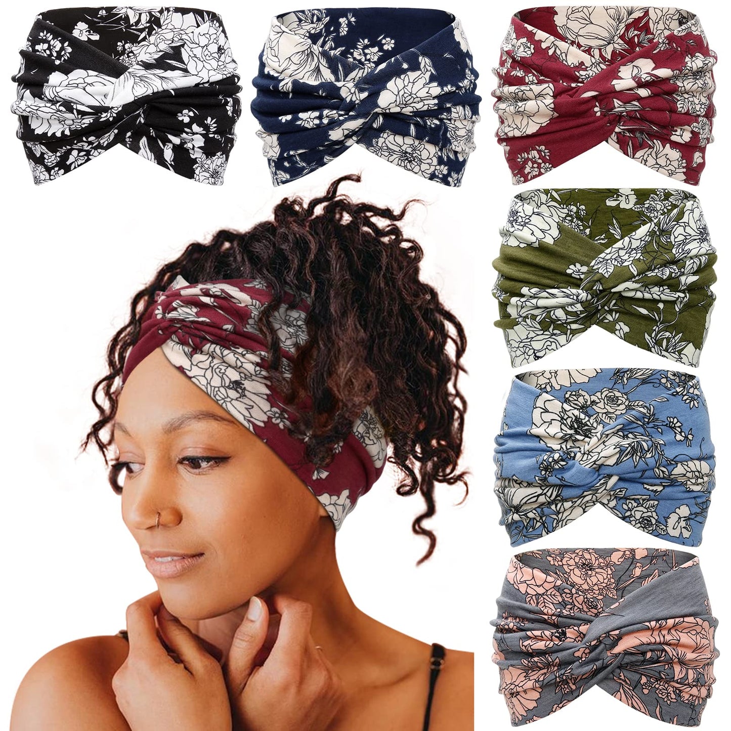 Tobeffect Extra Wide Turban Headbands for Women, 7'' Large Wide Headband for Nursing Cute Printed Nurse Head Bands Twisted Knotted Hairbands Non Slip Cloth Headbands for Women Hair Accessories 6 Pack
